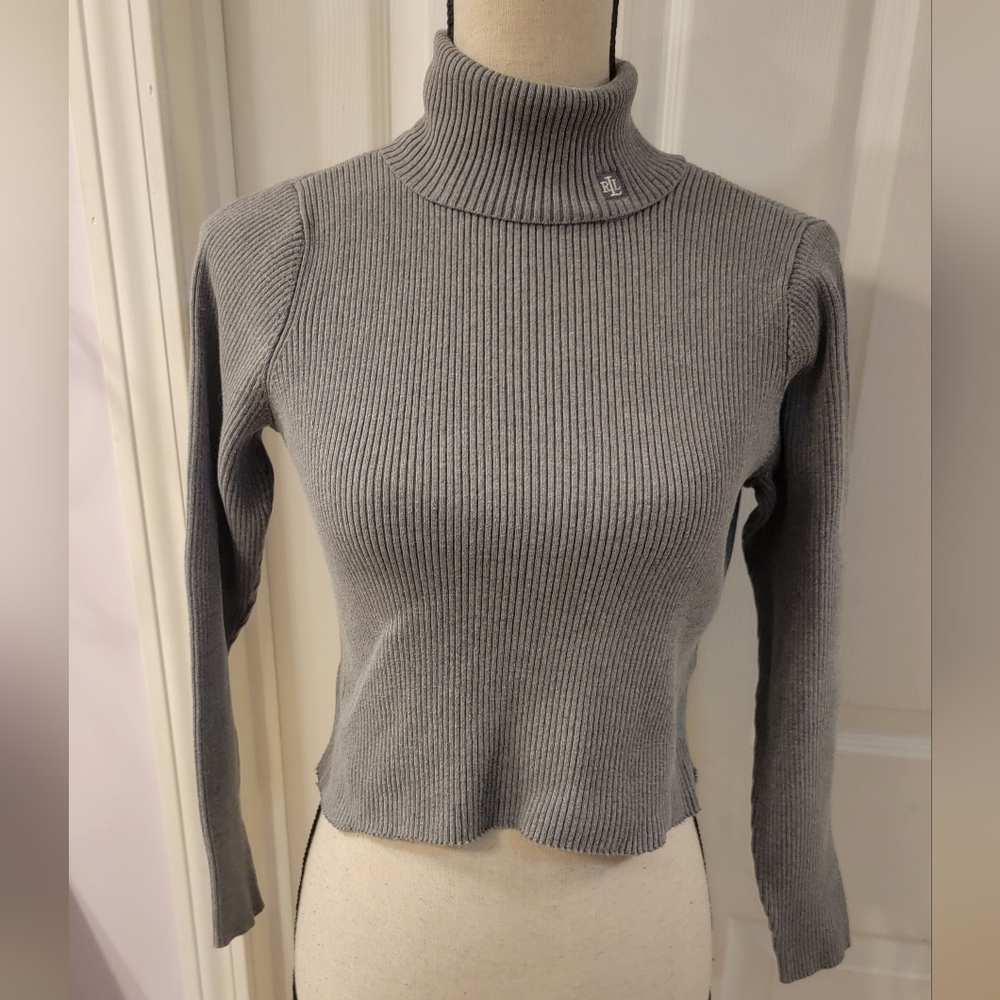 Gray Turtleneck Ribbed Sweater
